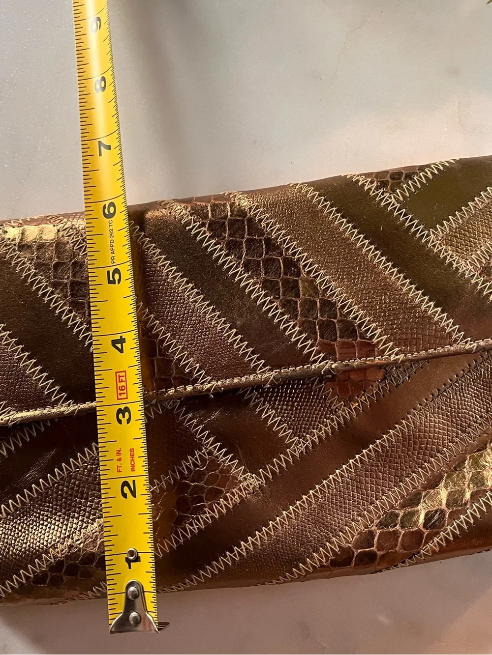 Dame 80s Metallic Bronze Snakeskin Patchwork Convertible Crossbody Clutch Bag